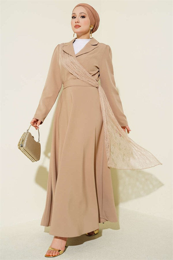 Off-Shoulder Tulle Wrap Dress, Beige