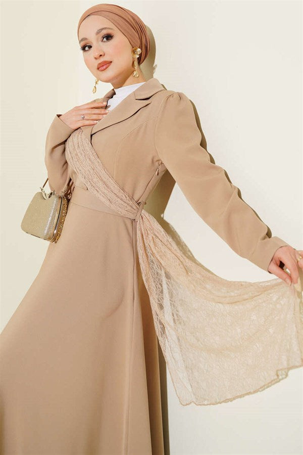 Off-Shoulder Tulle Wrap Dress, Beige