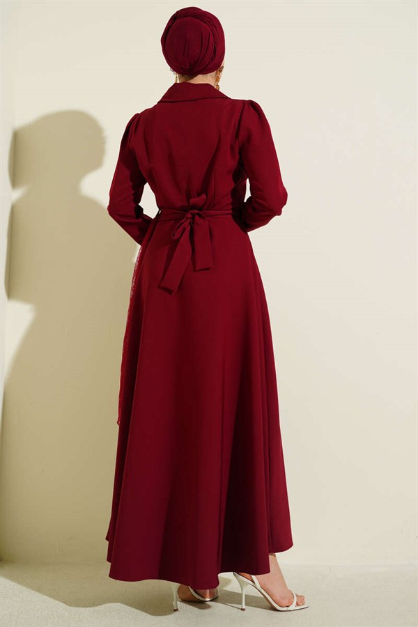 Off-Shoulder Tulle Wrap-Neck Dress, Burgundy