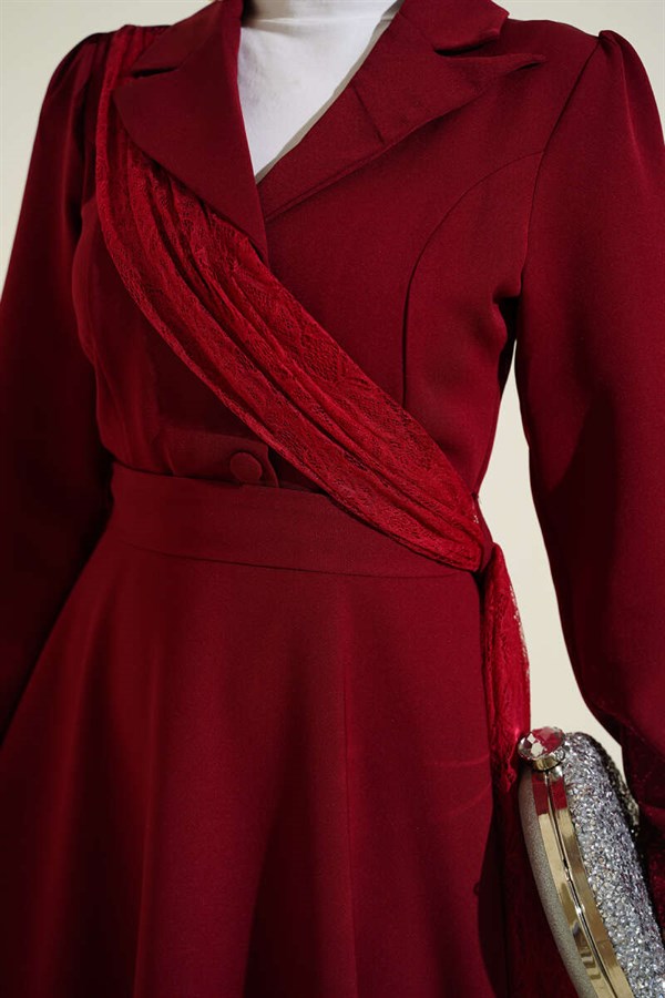 Off-Shoulder Tulle Wrap-Neck Dress, Burgundy