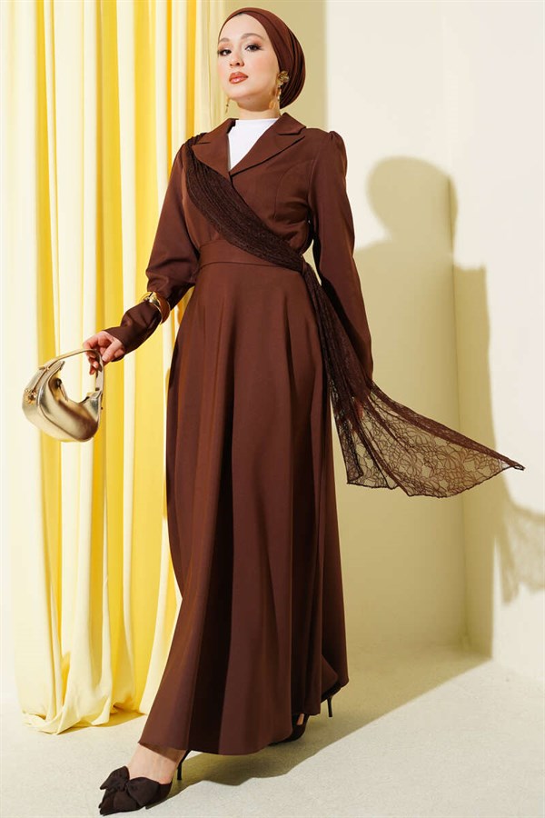 Off-Shoulder Tulle Wrap-Neck Dress in Brown
