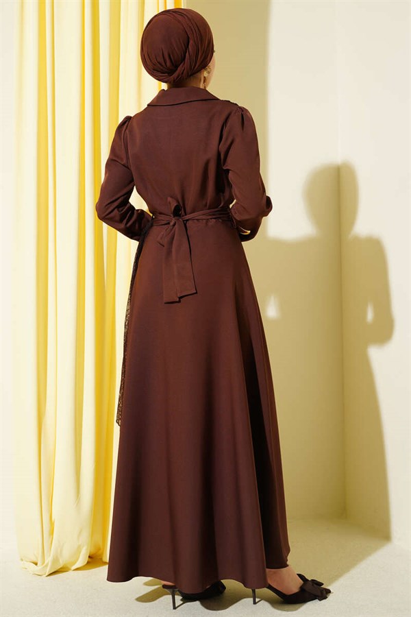 Off-Shoulder Tulle Wrap-Neck Dress in Brown