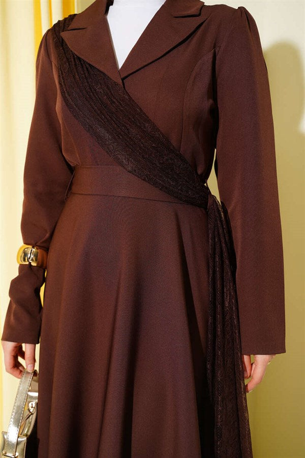 Off-Shoulder Tulle Wrap-Neck Dress in Brown