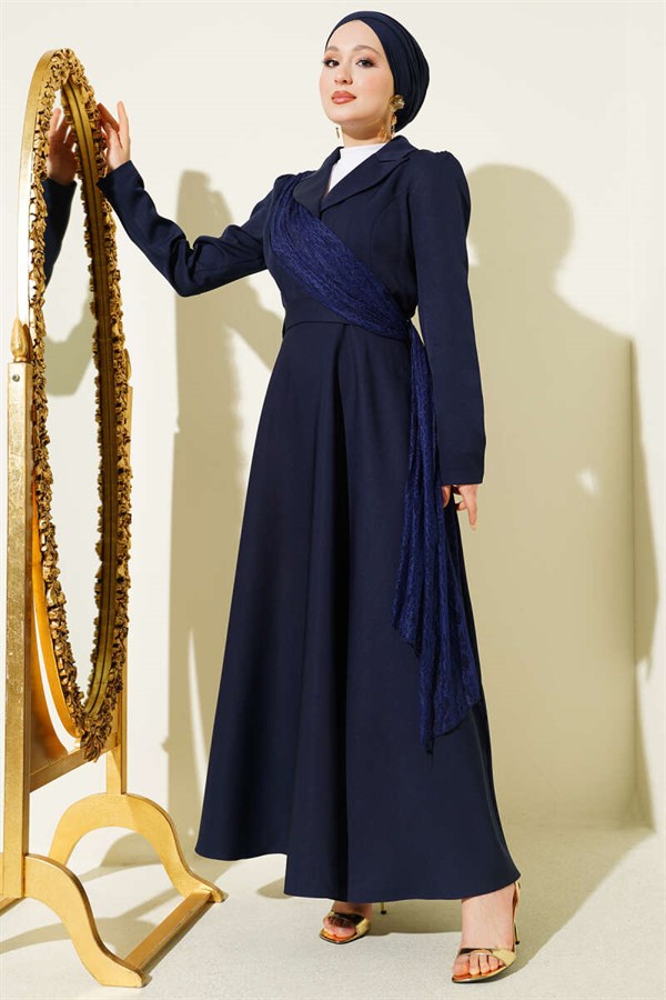 Navy Blue Wrap Dress with Tulle Shoulders