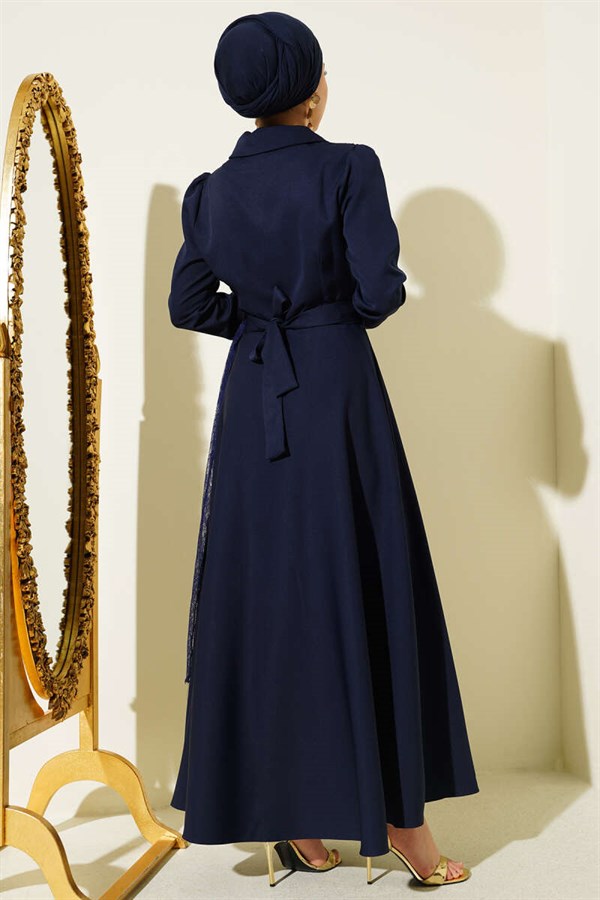 Navy Blue Wrap Dress with Tulle Shoulders
