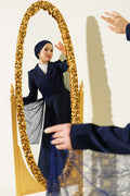 Navy Blue Wrap Dress with Tulle Shoulders