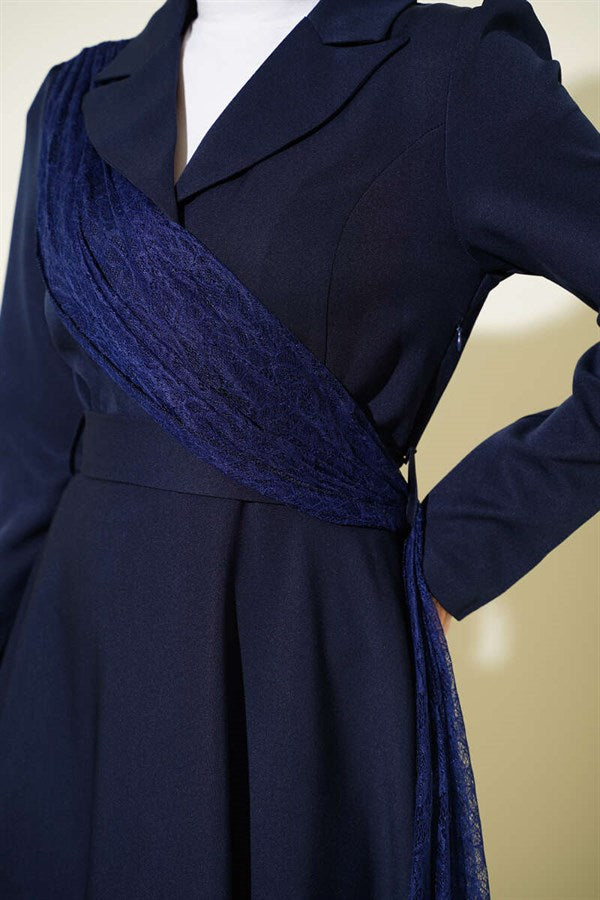 Navy Blue Wrap Dress with Tulle Shoulders