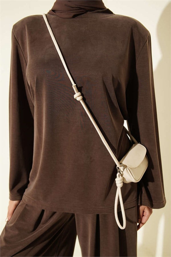 Shoulder Padded Waist Drawstring Tencel 2 Piece Set, Coffee