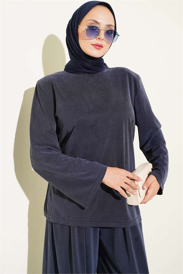 Navy Blue Tencel 2 Piece Set with Shoulder Pads and Drawstring Waist