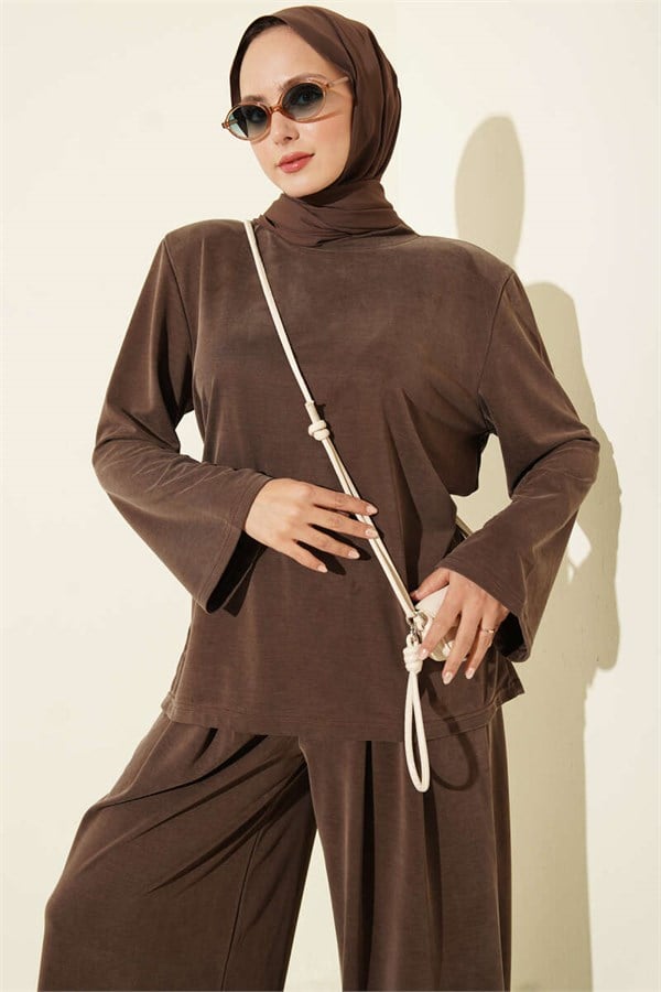 Shoulder Padded Waist Drawstring Tencel 2 Piece Set, Coffee