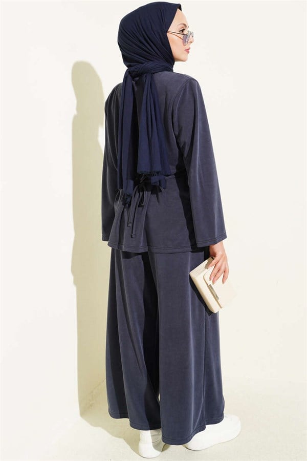 Navy Blue Tencel 2 Piece Set with Shoulder Pads and Drawstring Waist