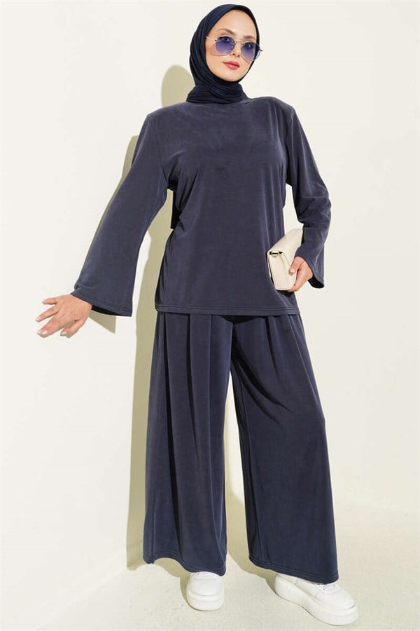 Navy Blue Tencel 2 Piece Set with Shoulder Pads and Drawstring Waist