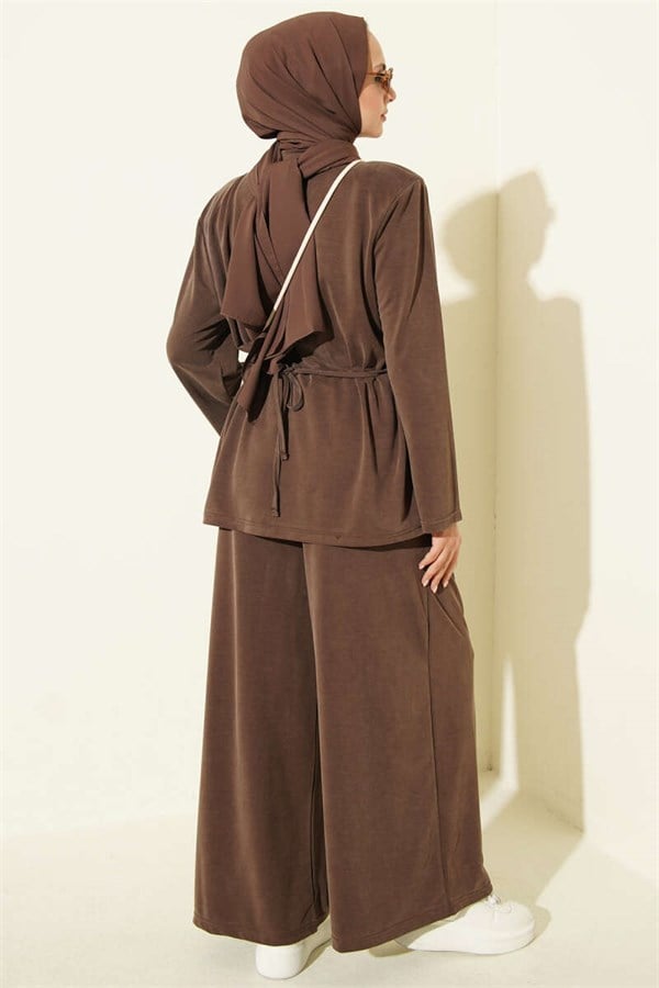 Shoulder Padded Waist Drawstring Tencel 2 Piece Set, Coffee