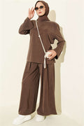 Shoulder Padded Waist Drawstring Tencel 2 Piece Set, Coffee