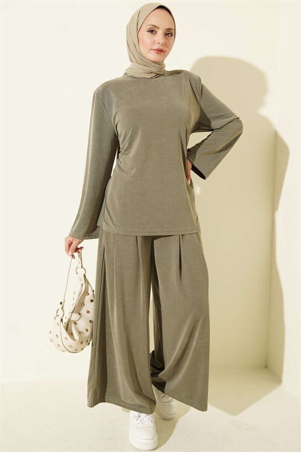 Shoulder Padded Waist Drawstring Tencel 2 Piece Set, Khaki