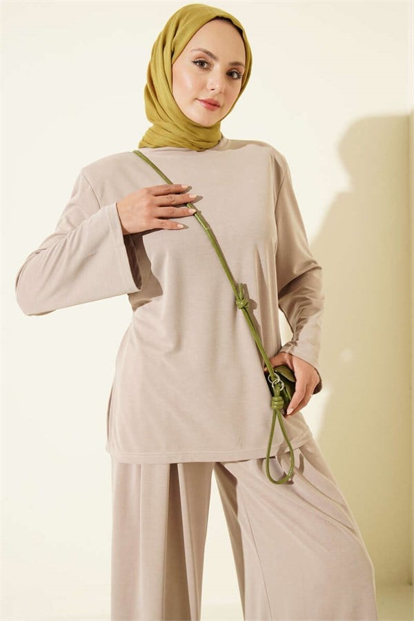 Tencel 2 Piece Set with Shoulder Pads and Waist Drawstring, Beige
