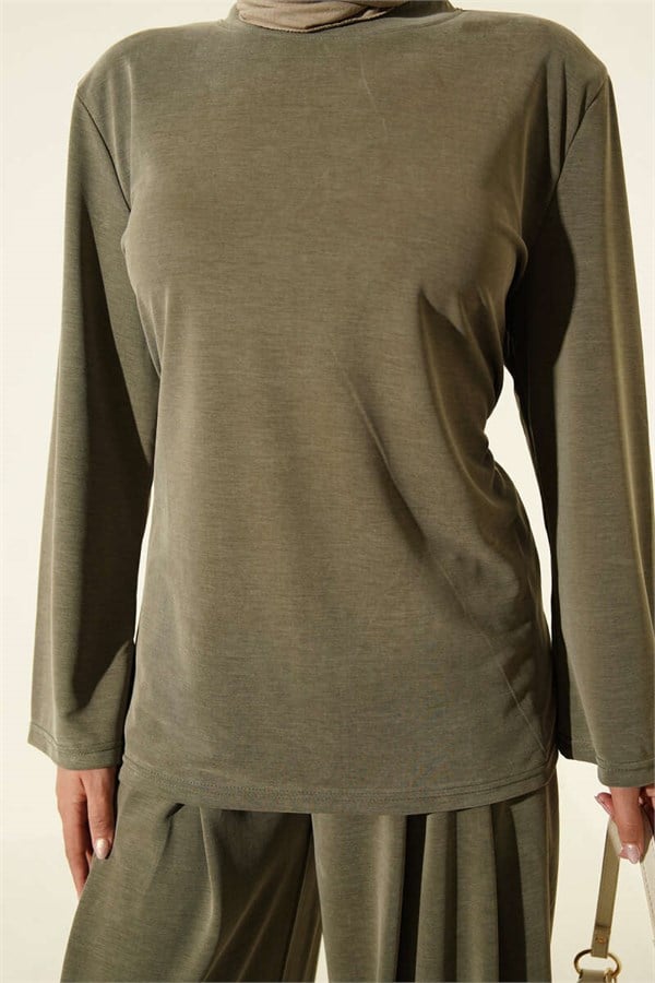 Shoulder Padded Waist Drawstring Tencel 2 Piece Set, Khaki