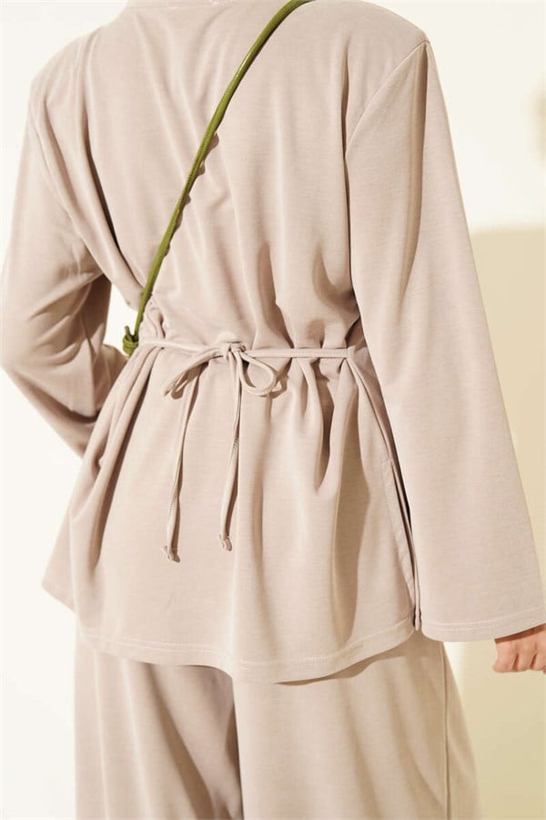 Tencel 2 Piece Set with Shoulder Pads and Waist Drawstring, Beige