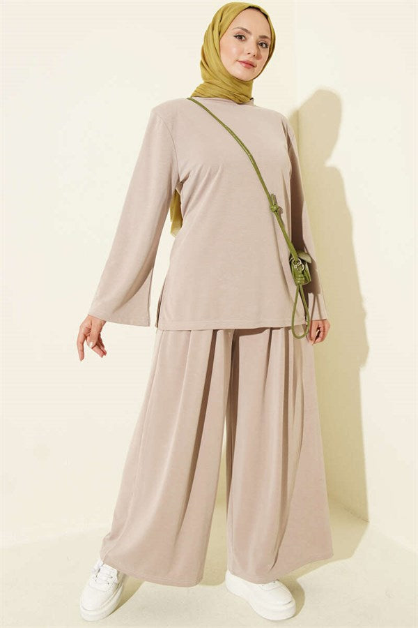 Tencel 2 Piece Set with Shoulder Pads and Waist Drawstring, Beige