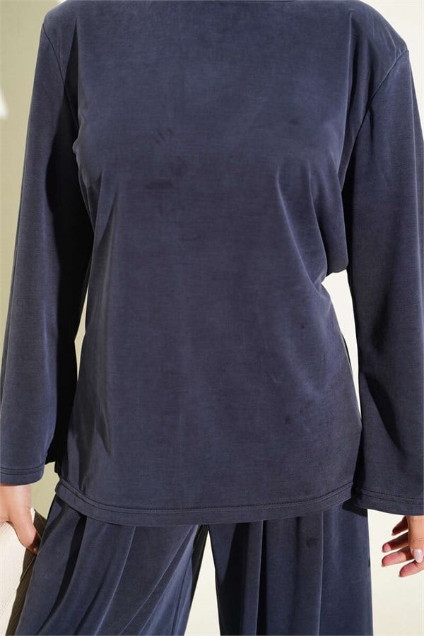 Navy Blue Tencel 2 Piece Set with Shoulder Pads and Drawstring Waist