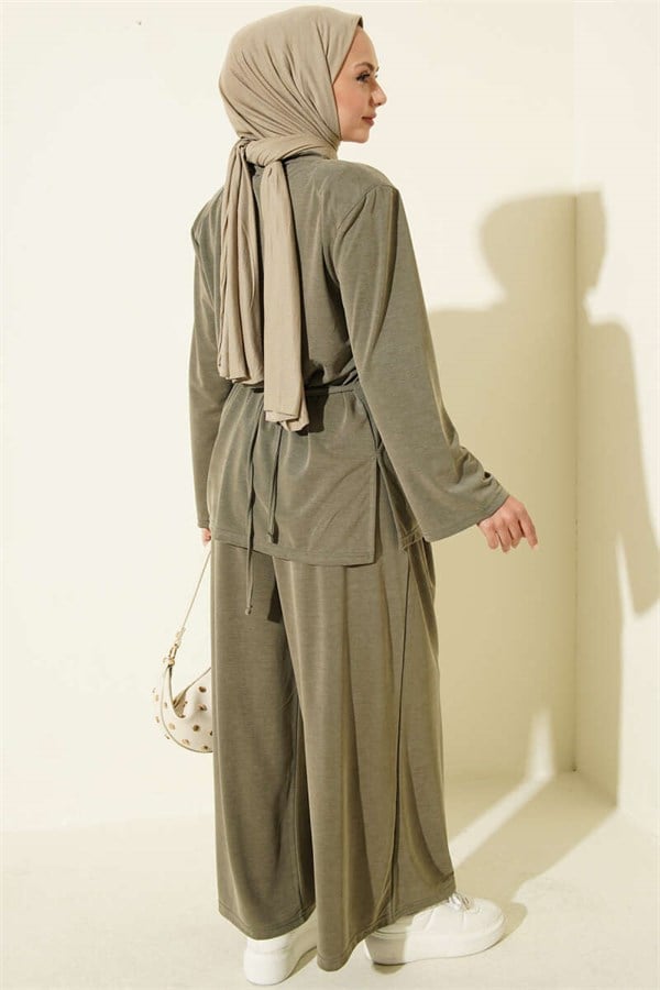 Shoulder Padded Waist Drawstring Tencel 2 Piece Set, Khaki