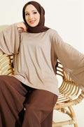 Beige Tunic with Shoulder Pads and Wide Sleeves
