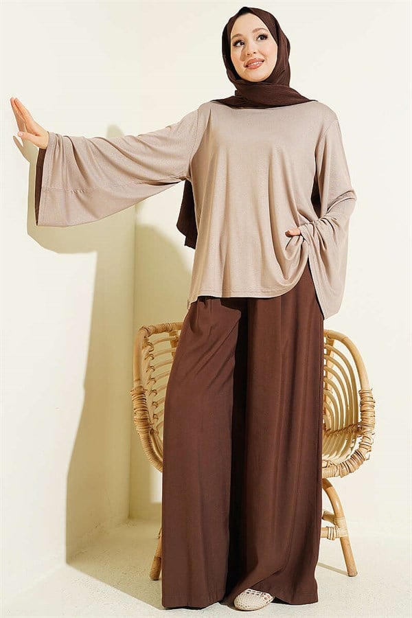 Beige Tunic with Shoulder Pads and Wide Sleeves