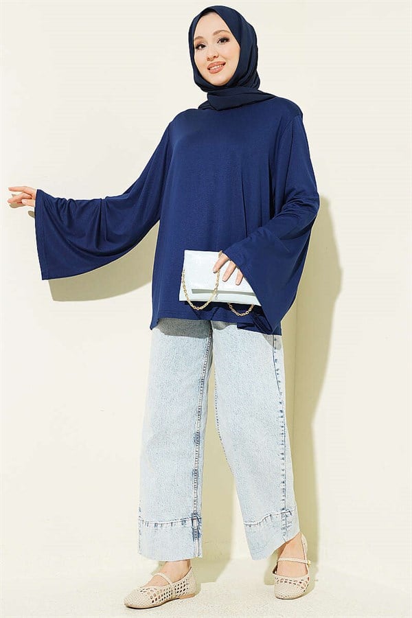 Navy Blue Tunic with Shoulder Pads and Wide Sleeves