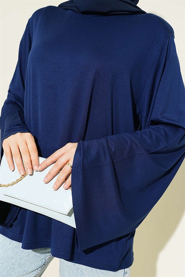 Navy Blue Tunic with Shoulder Pads and Wide Sleeves