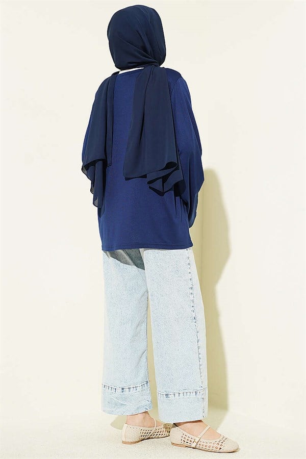 Navy Blue Tunic with Shoulder Pads and Wide Sleeves
