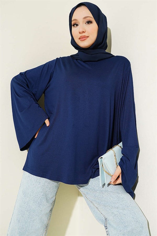 Navy Blue Tunic with Shoulder Pads and Wide Sleeves
