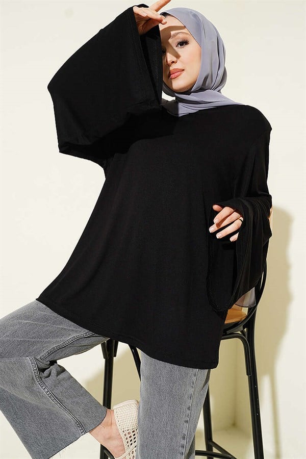 Shoulder Padded Wide Sleeve Tunic Black
