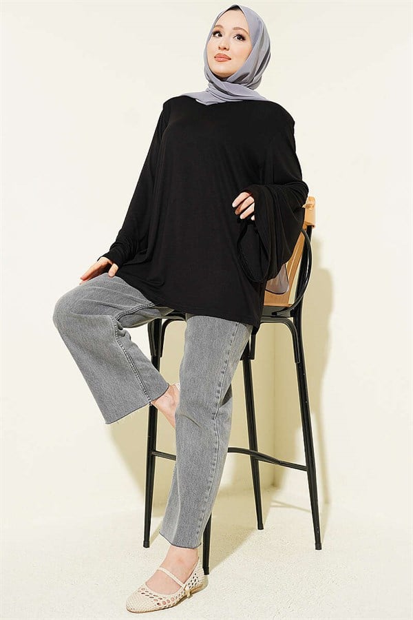 Shoulder Padded Wide Sleeve Tunic Black