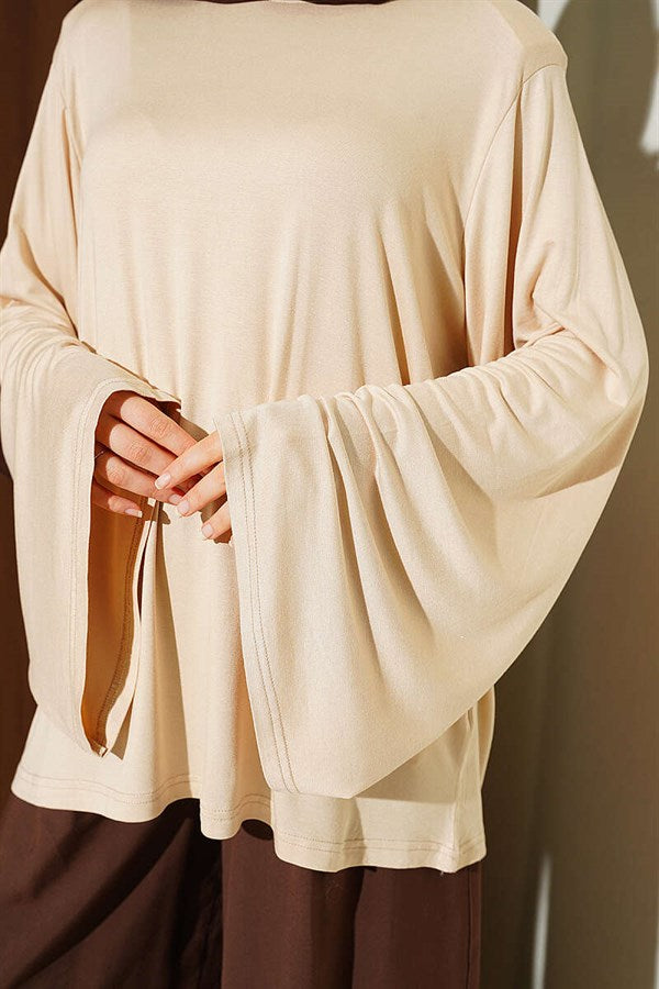 Shoulder Padded Wide Sleeved Tunic in Stone