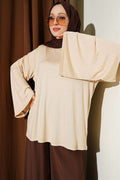 Shoulder Padded Wide Sleeved Tunic in Stone