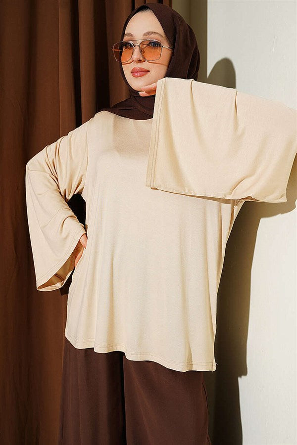 Shoulder Padded Wide Sleeved Tunic in Stone