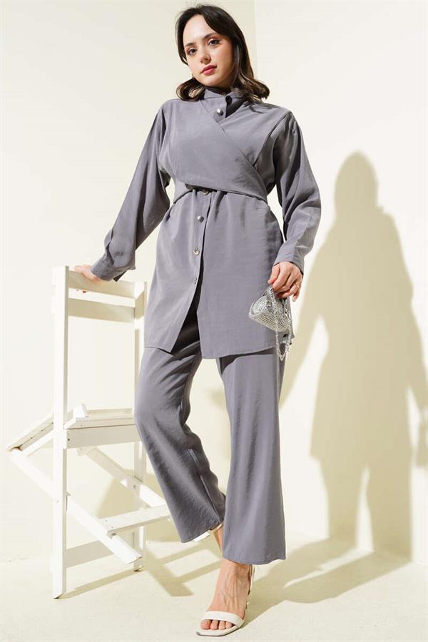 Shoulder Tied Tencel 2 Piece Set Smoke