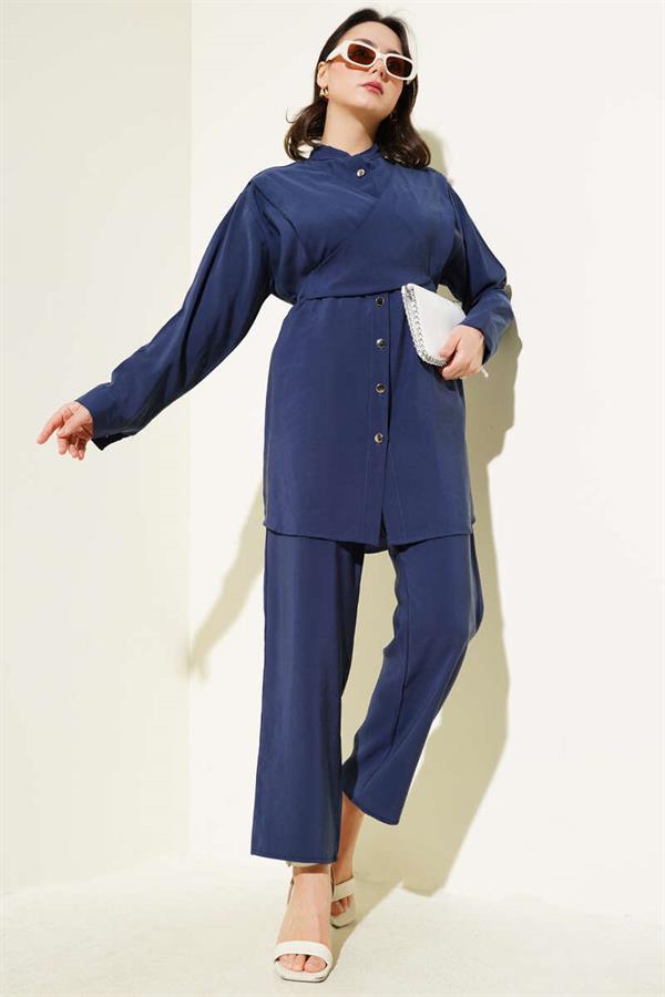 Shoulder Tie Tencel 2 Piece Set Navy Blue