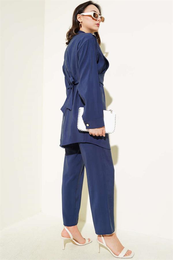 Shoulder Tie Tencel 2 Piece Set Navy Blue