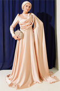 Satin Evening Dress with Cape from the Shoulder, Beige