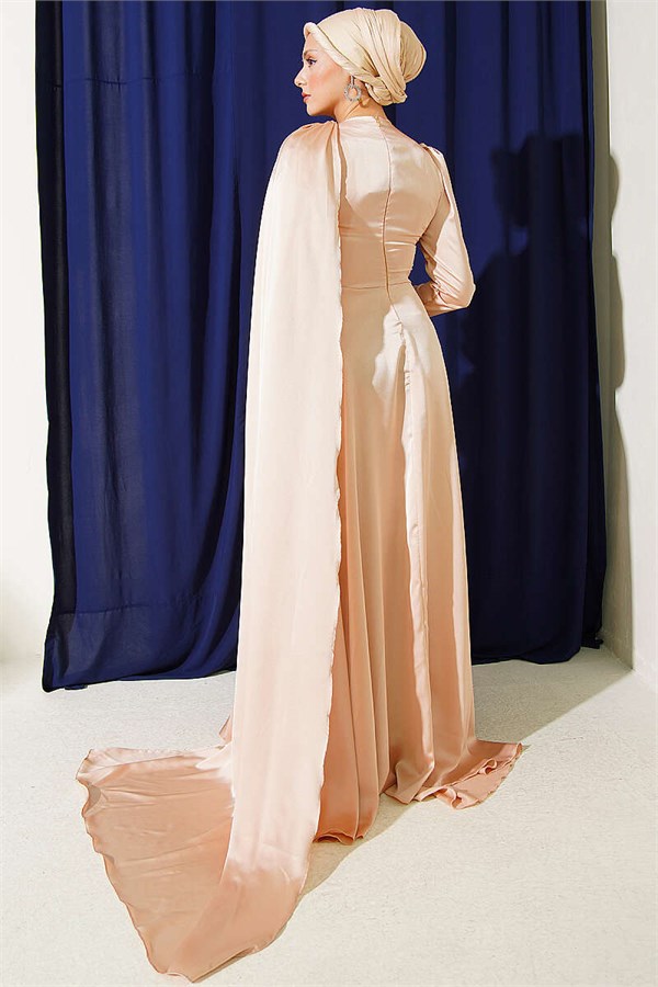 Satin Evening Dress with Cape from the Shoulder, Beige