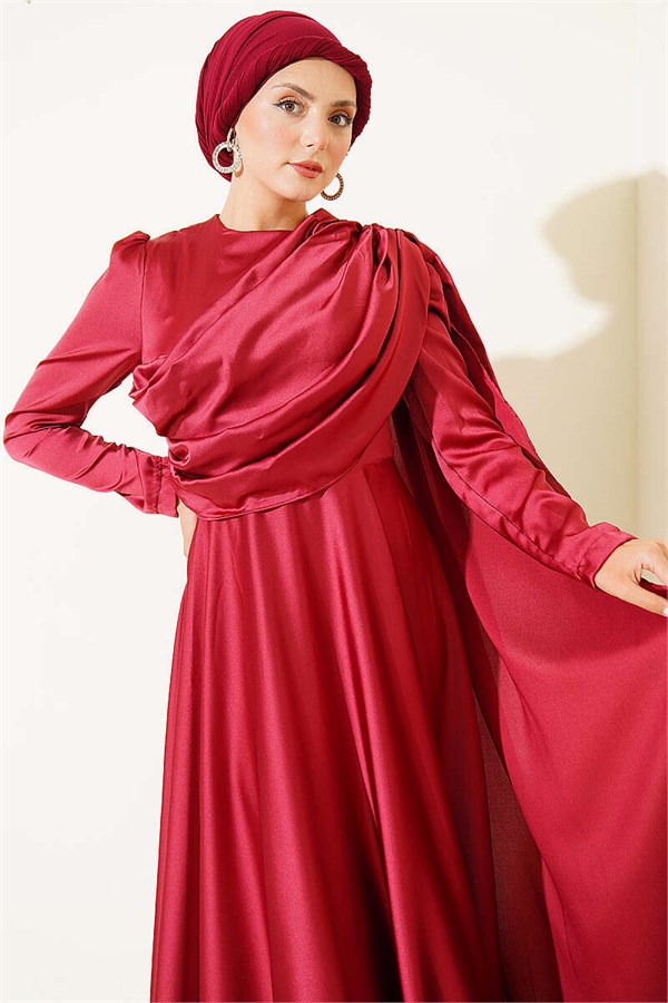 Burgundy Satin Evening Dress with Cape from the Shoulder