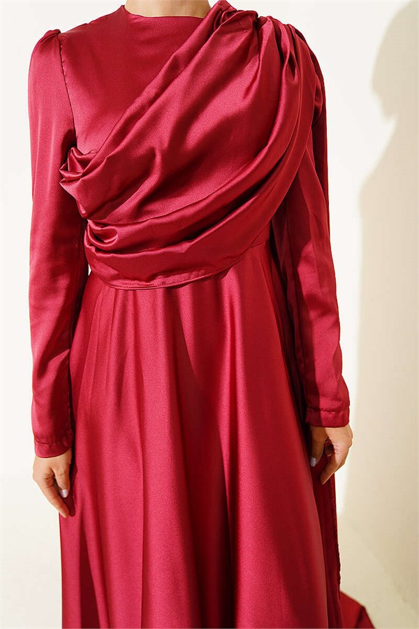 Burgundy Satin Evening Dress with Cape from the Shoulder
