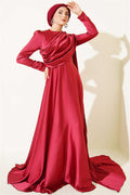 Burgundy Satin Evening Dress with Cape from the Shoulder