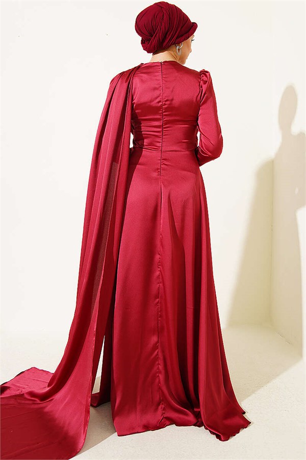 Burgundy Satin Evening Dress with Cape from the Shoulder