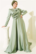 Satin Evening Dress with Cape from the Shoulder, Light Green
