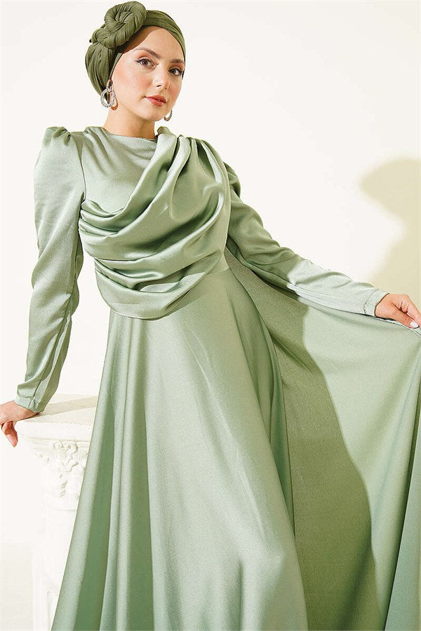 Satin Evening Dress with Cape from the Shoulder, Light Green