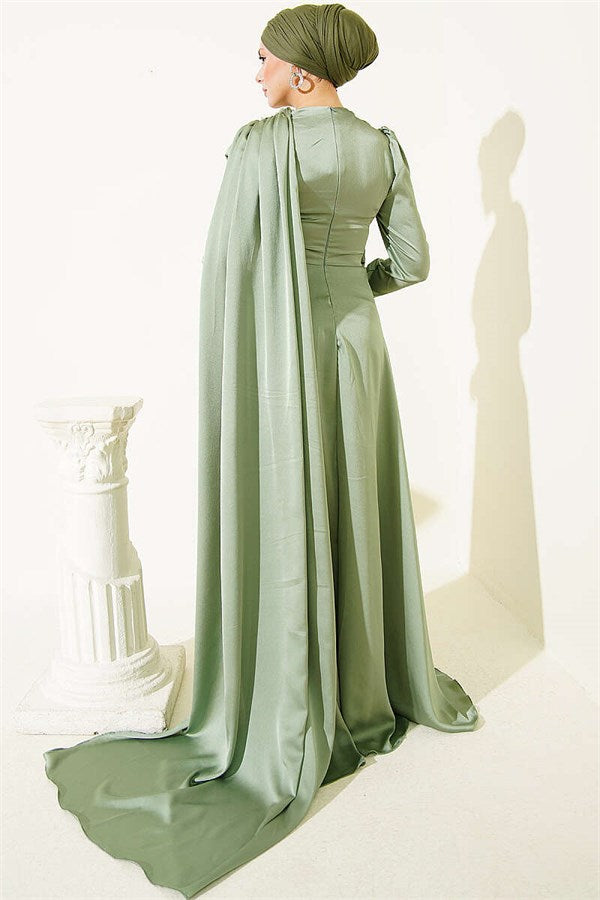 Satin Evening Dress with Cape from the Shoulder, Light Green