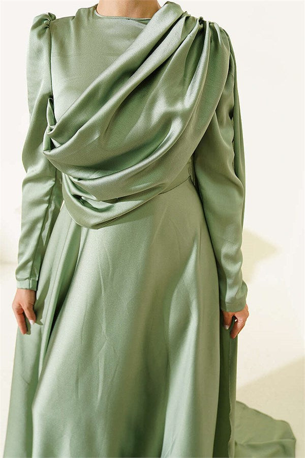 Satin Evening Dress with Cape from the Shoulder, Light Green