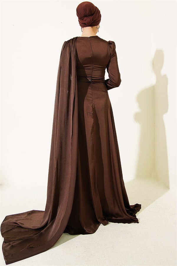 Satin Evening Dress with Cape from the Shoulder, Brown